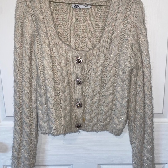 Zara Jewel Button Cream Cable Knit Sweater Sparkle Cardigan - Picture 1 of 1